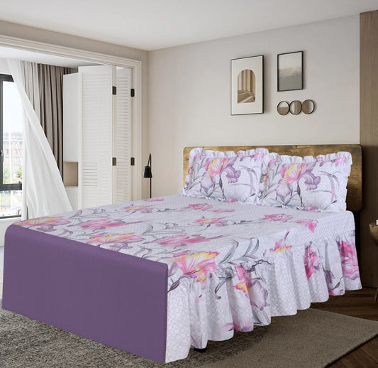 3 PCs Printed Bed skirt with Pillow cover 15