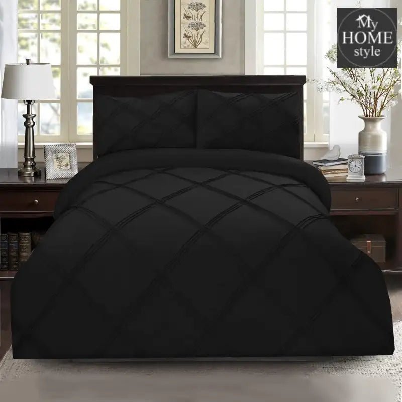 3 Pcs 3 Row Cross Pleated Duvet Set - Black - myhomestyle.pk