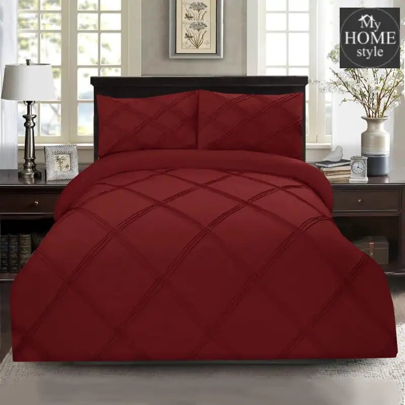 3 Pcs 3 Row Cross Pleated Duvet Set - Maroon - myhomestyle.pk