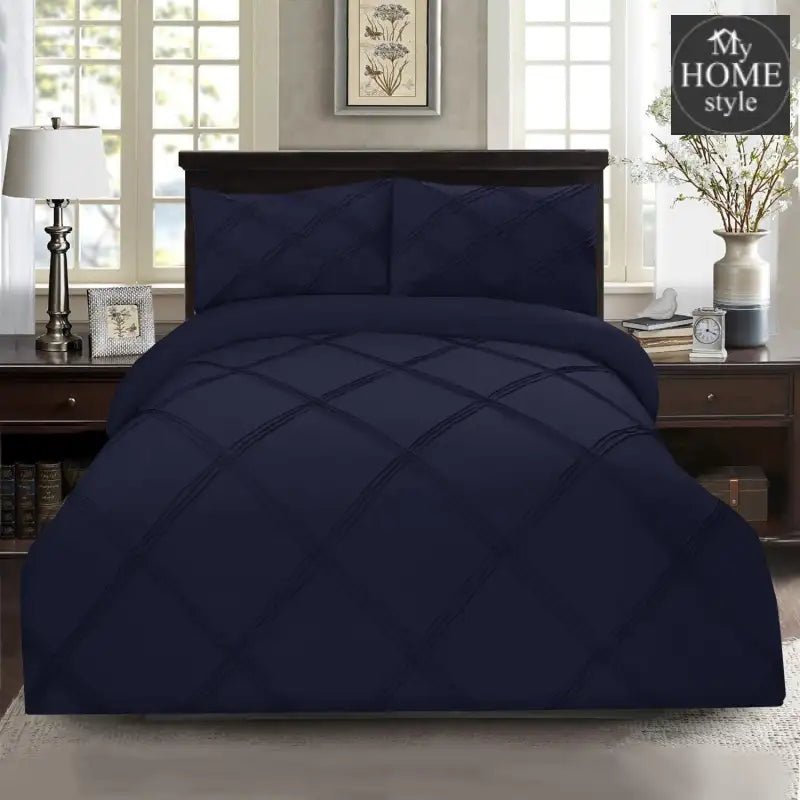 3 Pcs 3 Row Cross Pleated Duvet Set - Navy - myhomestyle.pk