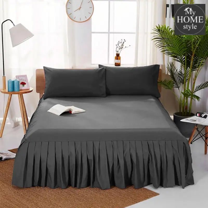 3 PCs Fitted Bed skirt with Pillow cover Dark Grey - myhomestyle.pk