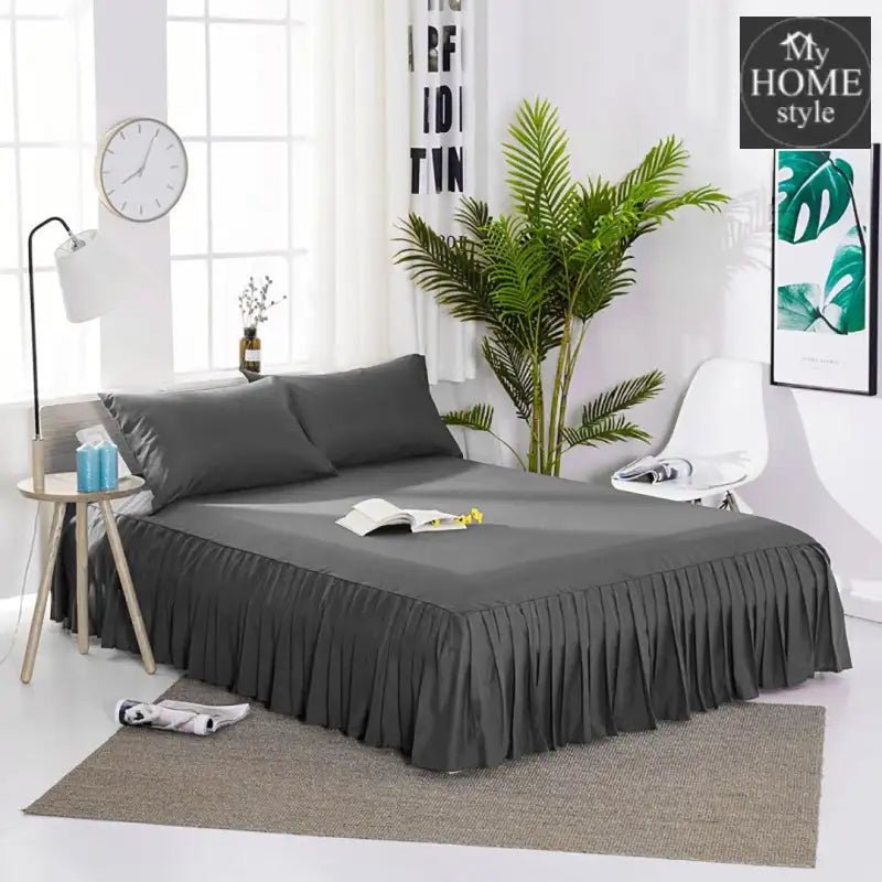 3 PCs Fitted Bed skirt with Pillow cover Dark Grey - myhomestyle.pk