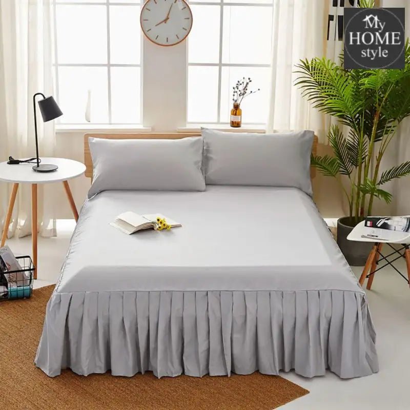 3 PCs Fitted Bed skirt with Pillow cover Light Grey - myhomestyle.pk