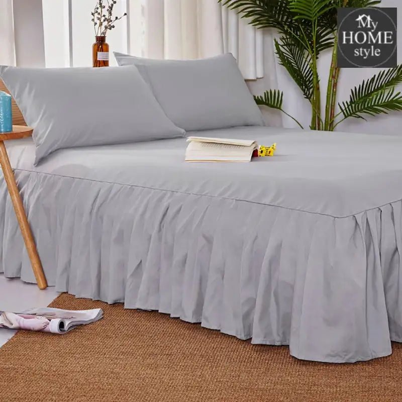 3 PCs Fitted Bed skirt with Pillow cover Light Grey - myhomestyle.pk