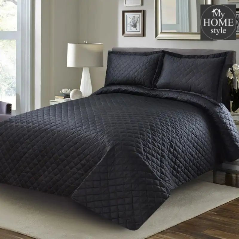 3 Pc's Luxury Satin Strip Bedspread Black - myhomestyle.pk