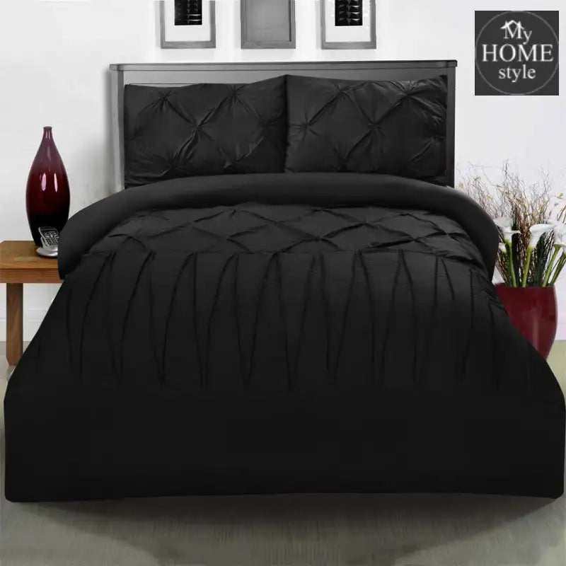 3 PCS PINTUCK & CROSS PLEATED DUVET SET - Black - myhomestyle.pk