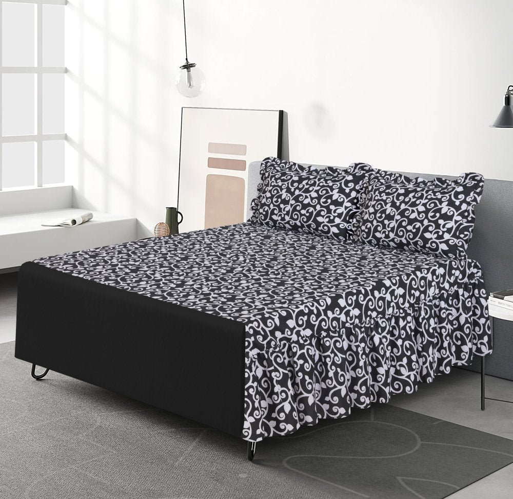 3 PCs Printed Bed skirt with Pillow cover 01 - myhomestyle.pk