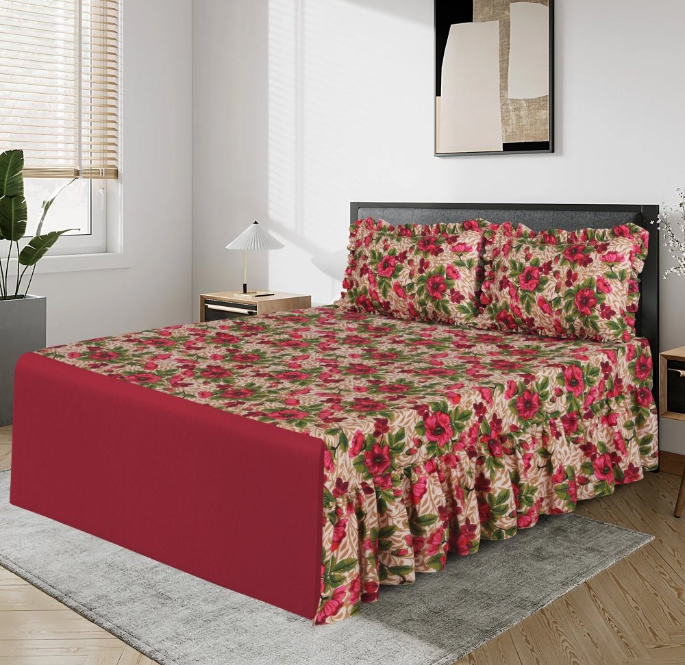 3 PCs Printed Bed skirt with Pillow cover 06 - myhomestyle.pk