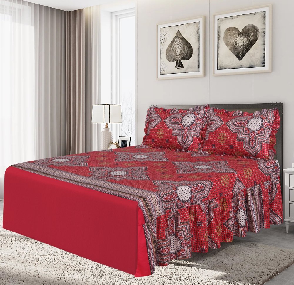 3 PCs Printed Bed skirt with Pillow cover 07 - myhomestyle.pk