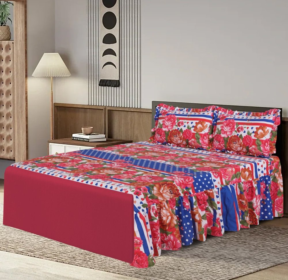 3 PCs Printed Bed skirt with Pillow cover 09 - myhomestyle.pk