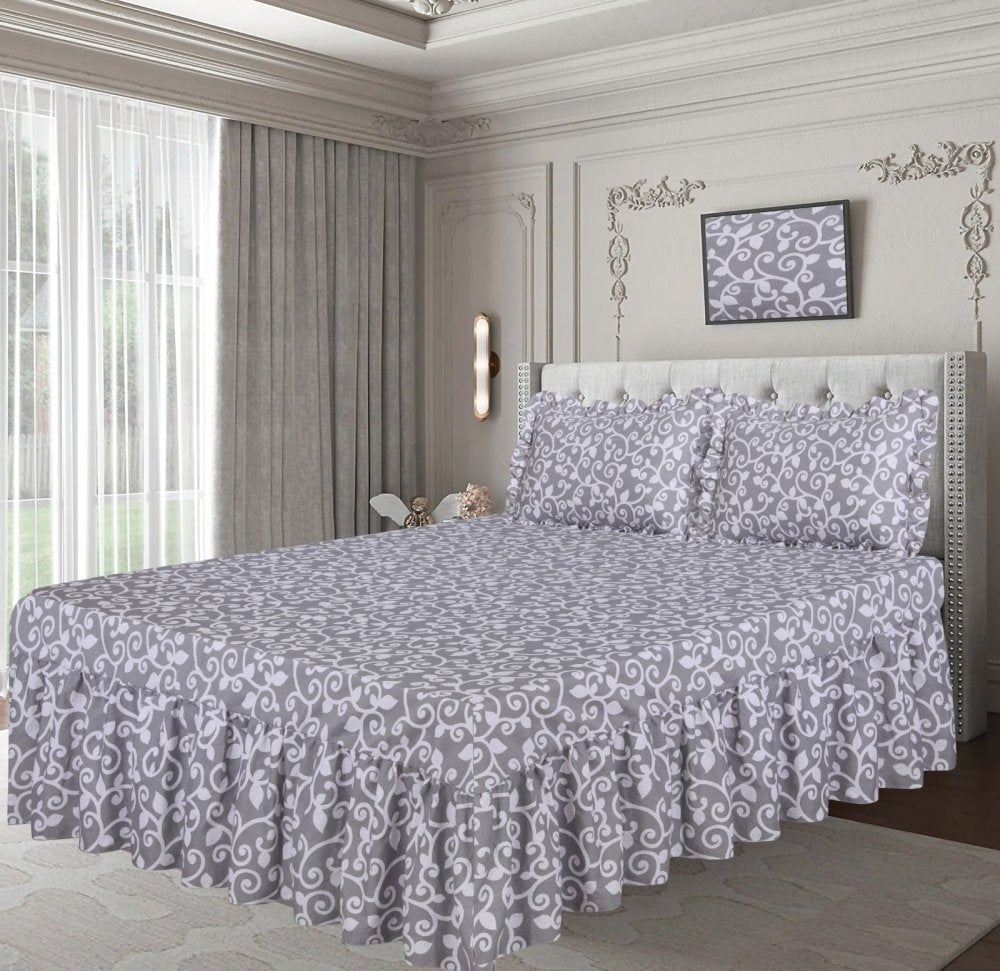 3 PCs Printed Bed skirt with Pillow cover - 1144 - myhomestyle.pk