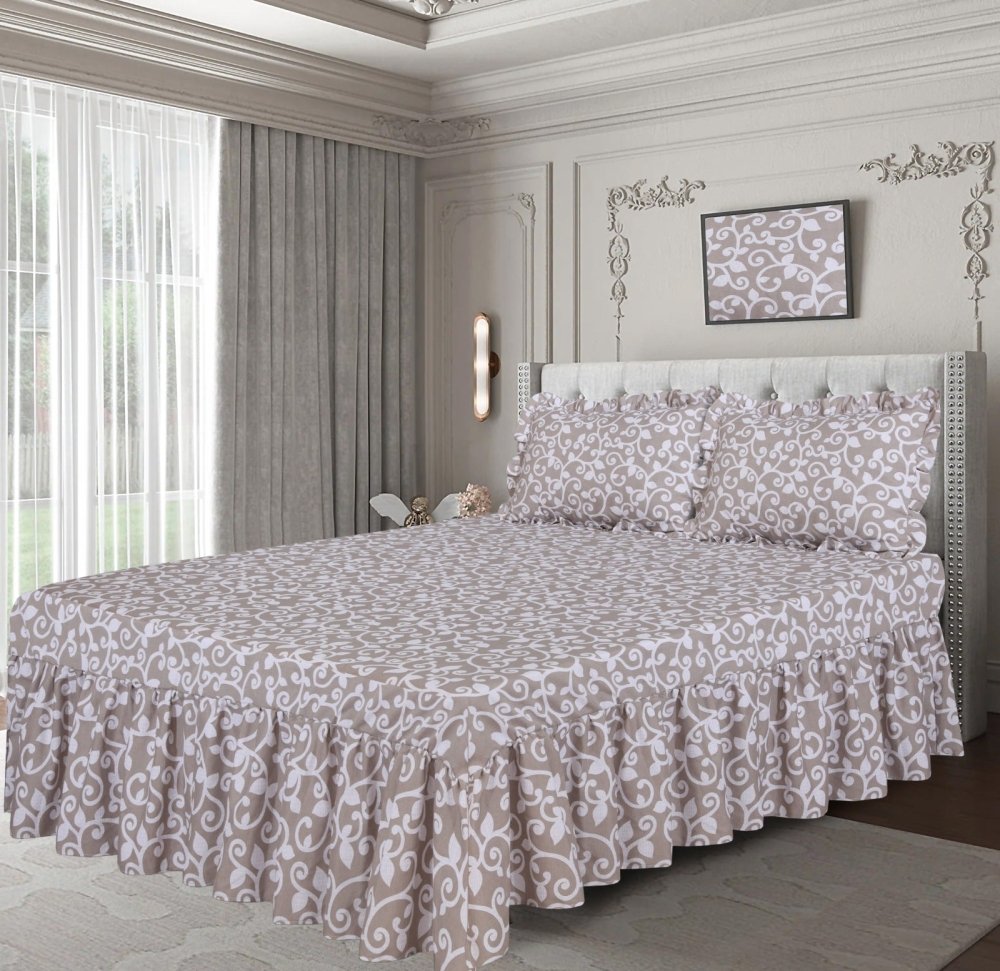 3 PCs Printed Bed skirt with Pillow cover - 1145 - myhomestyle.pk