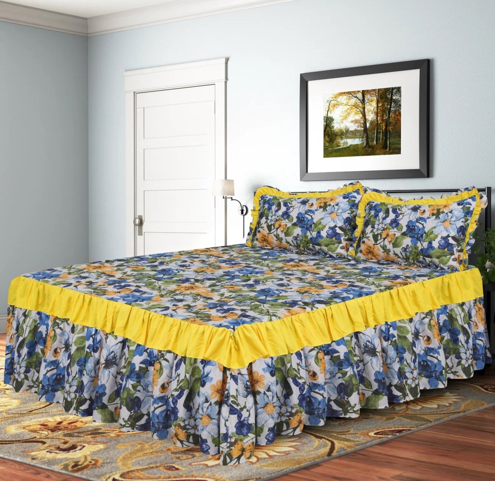3 PCs Printed Bed skirt with Pillow cover - 1207 - myhomestyle.pk