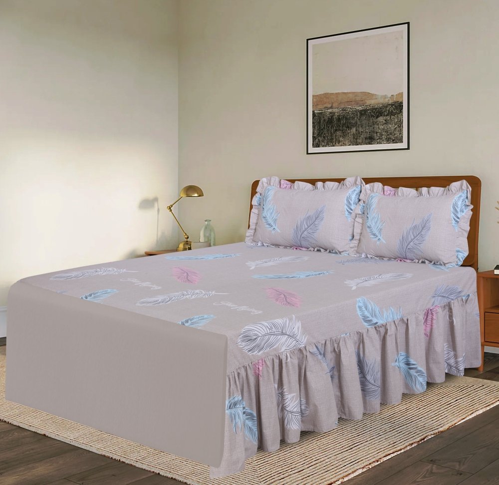 3 PCs Printed Bed skirt with Pillow cover 13 - myhomestyle.pk