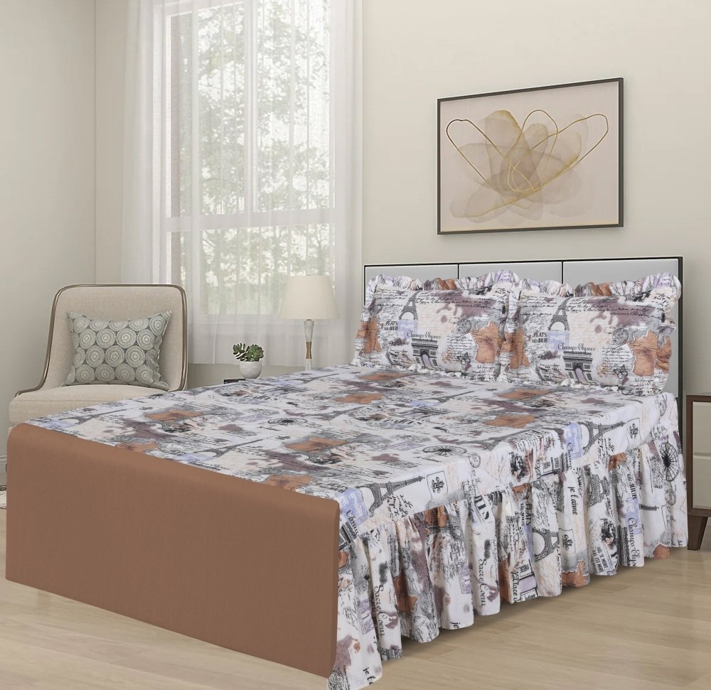 3 PCs Printed Bed skirt with Pillow cover 21 - myhomestyle.pk