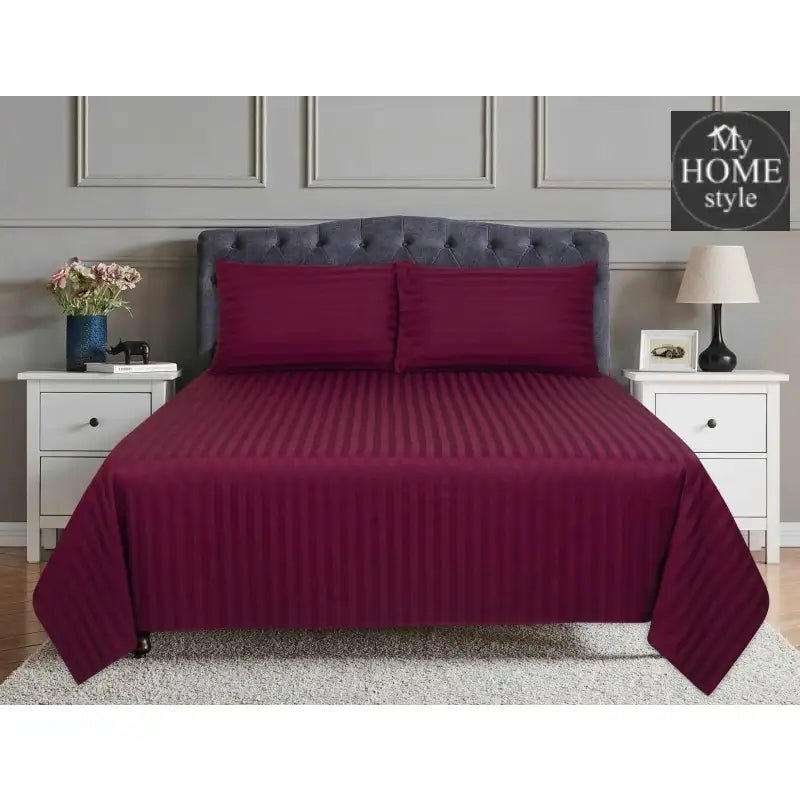 3 Pcs Satin Strip Bed Sheet Burgundy MHS - 732 - myhomestyle.pk