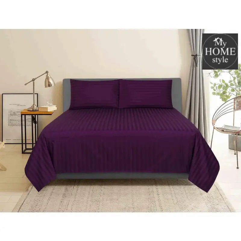3 Pcs Satin Strip Bed Sheet Plum MHS - 725 - myhomestyle.pk