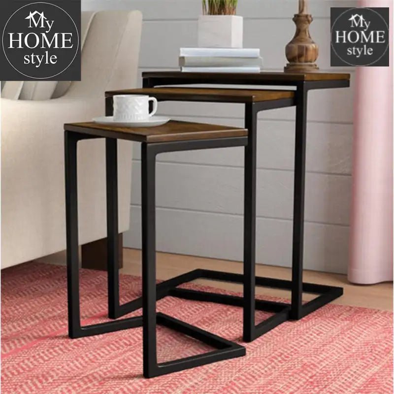 3 - Piece Nesting Table Set Brown Rustic Rectangle Iron Wood Metal Finish - myhomestyle.pk