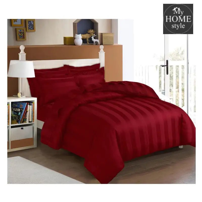 6 Pc's Luxury Satin Stripe Duvet Set Red - myhomestyle.pk