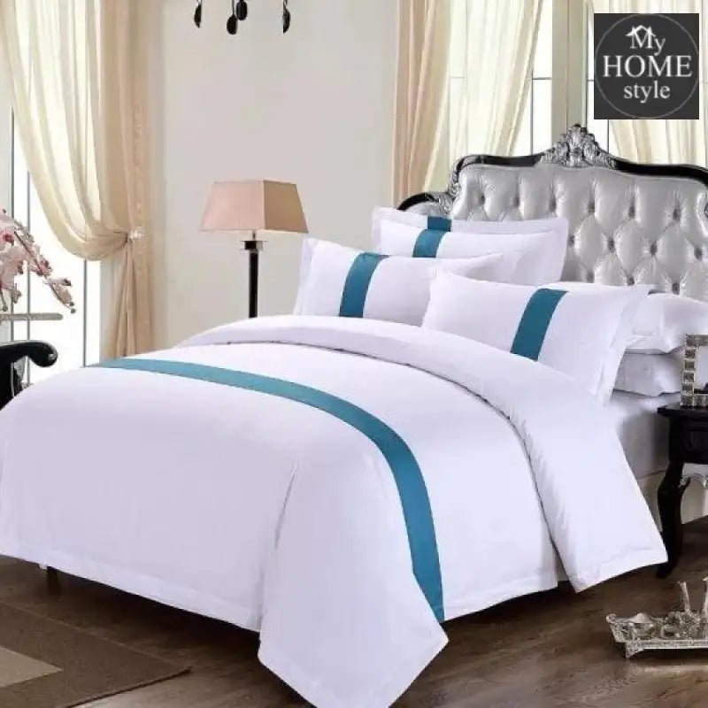 6 Pc's Mitered Duvet Set White & Navy - myhomestyle.pk