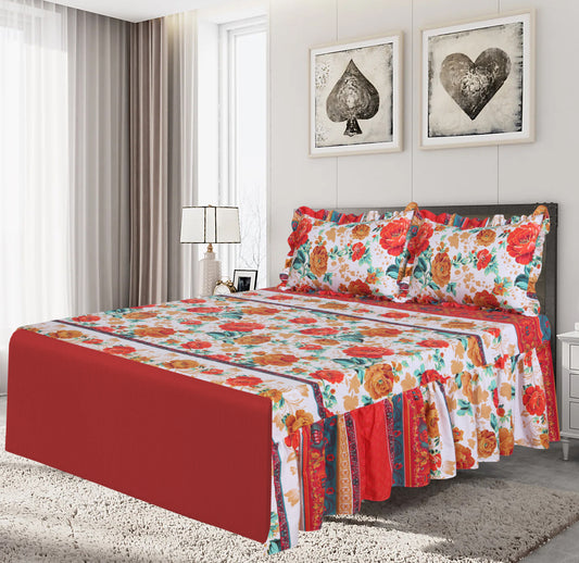 3 PCs Printed Bed skirt with Pillow cover 08
