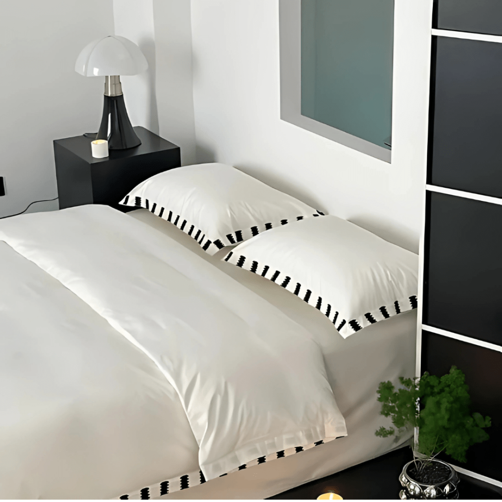 Classic White Satin Duvet Set with Modern Monochrome Border - 1278 - myhomestyle.pk