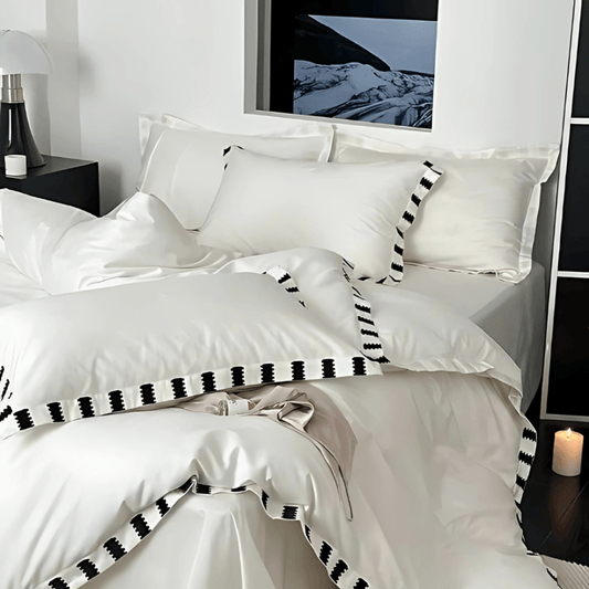 Classic White Satin Duvet Set with Modern Monochrome Border - 1278 - myhomestyle.pk
