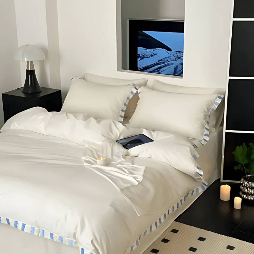 Classic White Satin Duvet Set with Modern Monochrome Border - 1278 - myhomestyle.pk
