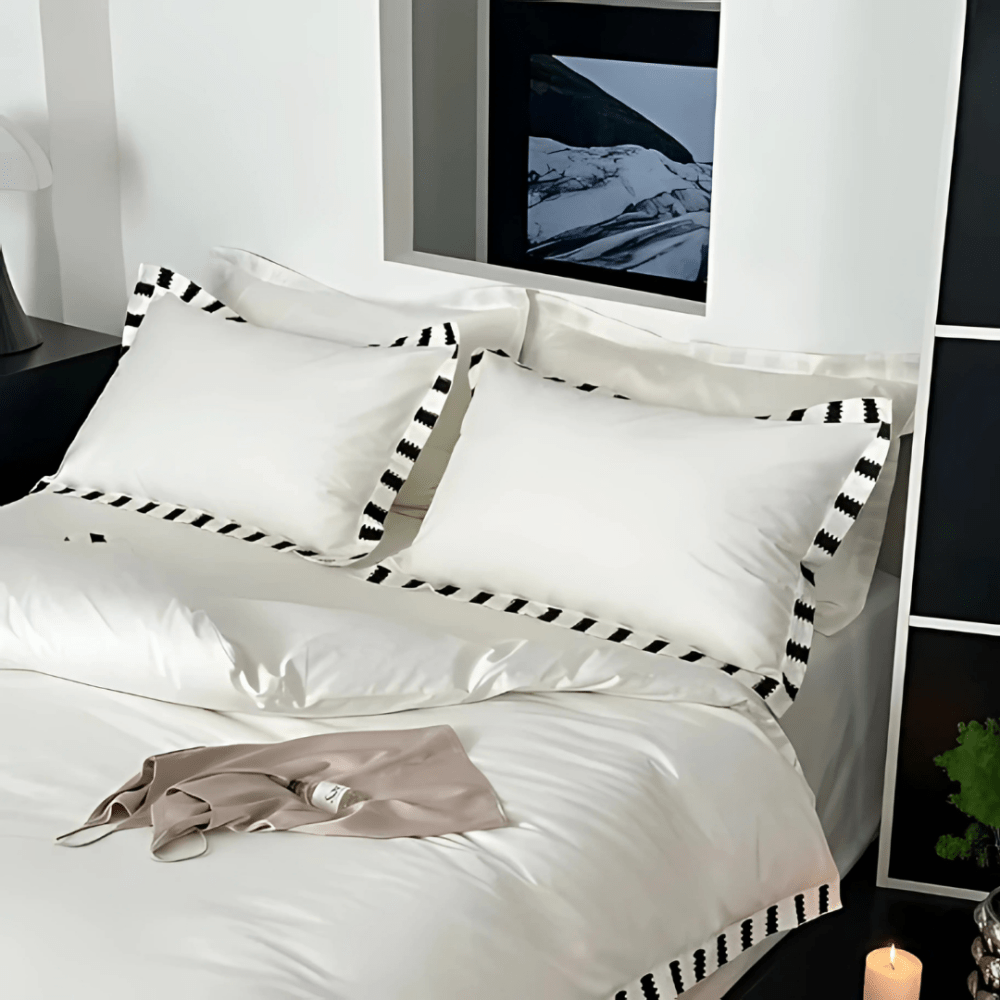 Classic White Satin Duvet Set with Modern Monochrome Border - 1278 - myhomestyle.pk