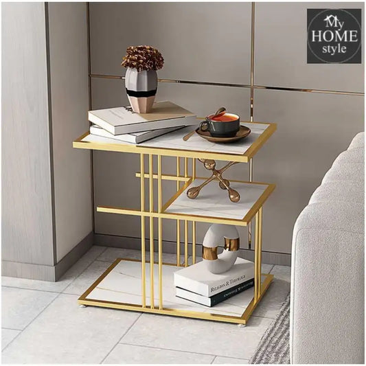 Elegant Golden Finish Side Table /Corner Table with 3 Tier White MDF Tops - myhomestyle.pk