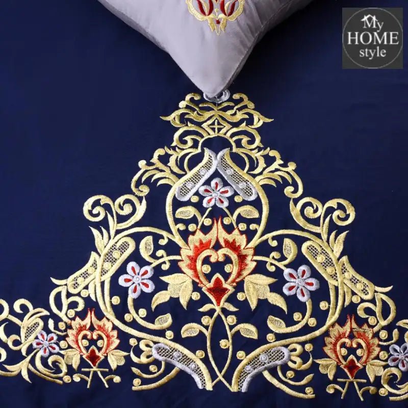 Mariana Centered Embroidered Motif Duvet Cover Set Navy - myhomestyle.pk