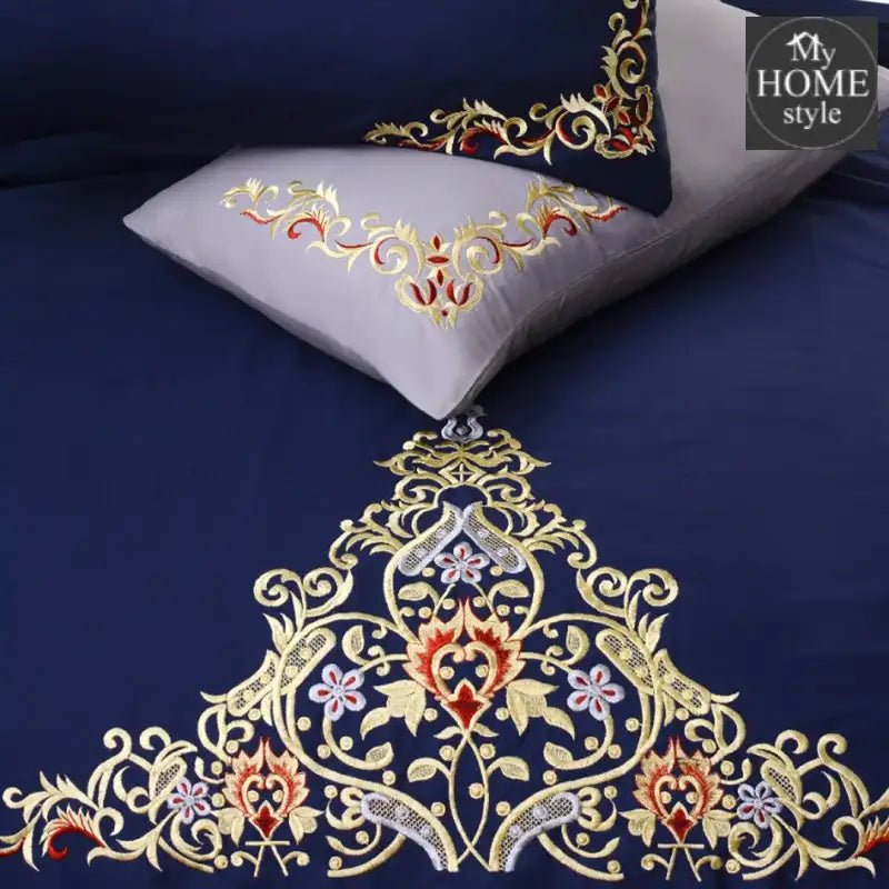 Mariana Centered Embroidered Motif Duvet Cover Set Navy - myhomestyle.pk