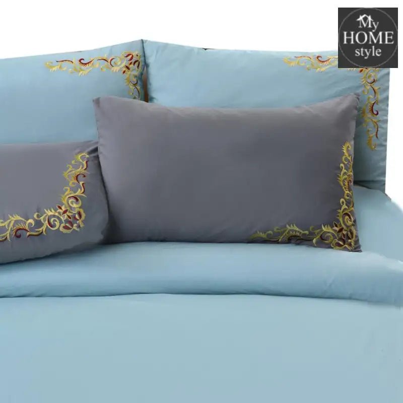 Mariana Centered Embroidered Motif Duvet Cover Set Sky Blue & Grey - myhomestyle.pk