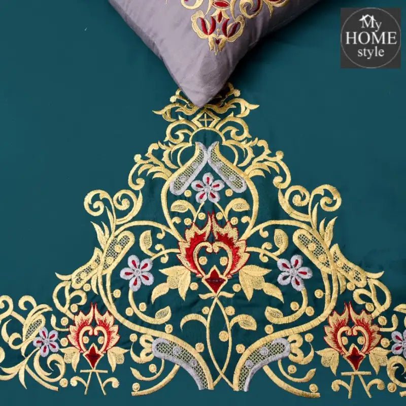 Mariana Centered Embroidered Motif Duvet Cover Set Teal - myhomestyle.pk