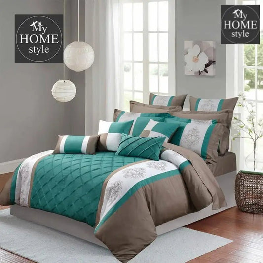Teal And Coffe Embroided Pleated Duvet Set - myhomestyle.pk