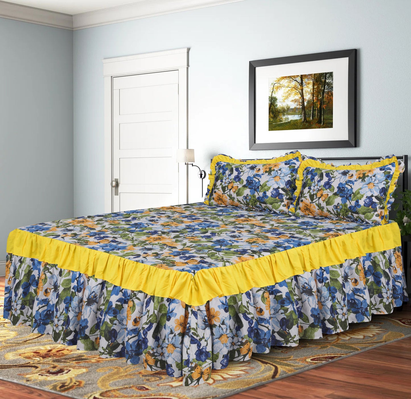 3 PCs Printed Bed skirt with Pillow cover - 1207