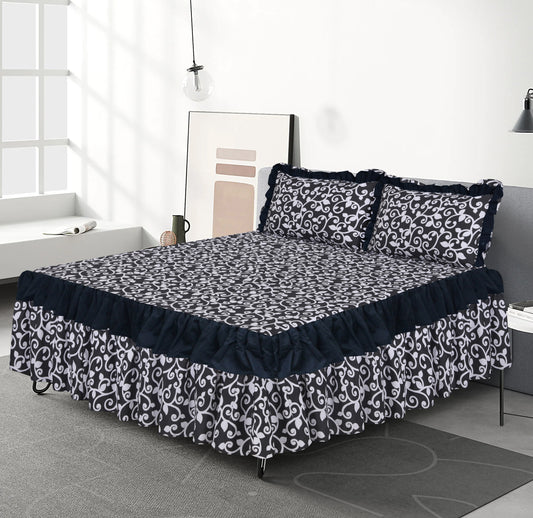 3 PCs Printed Bed skirt with Pillow cover - 1208