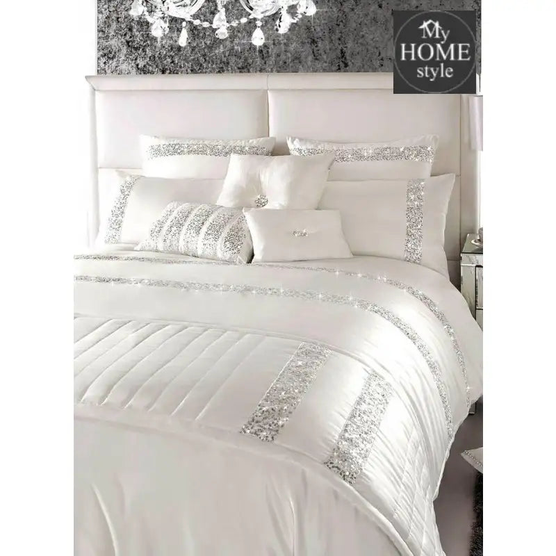 12 Piece White Sequined Embellished luxury Bridal set with Free Quilt filling & Runner - myhomestyle.pk