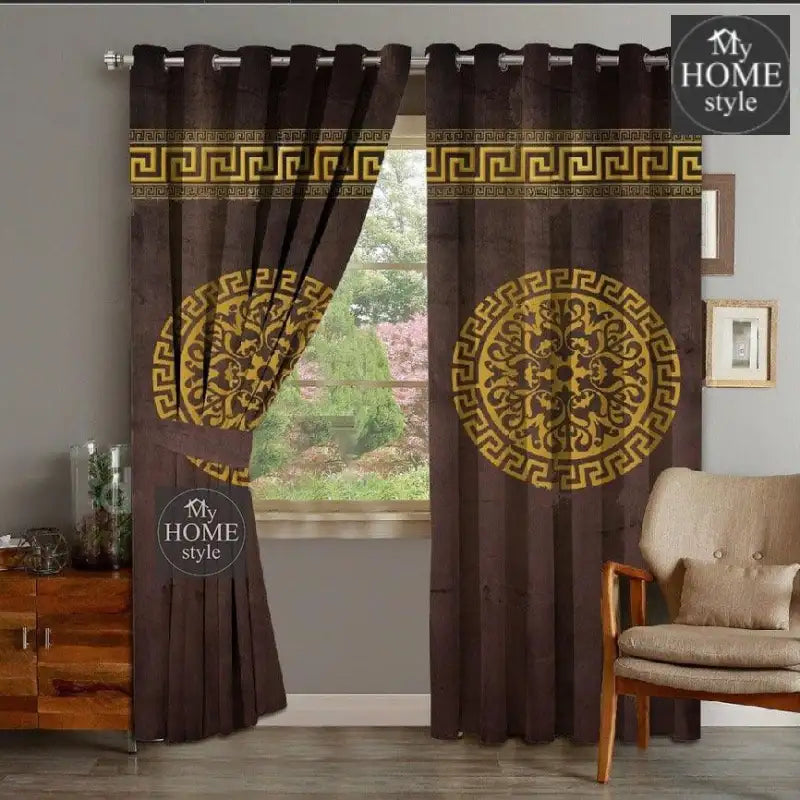 2 Piece Of Primium Velvet Curains With 2 Belts (Brown&Gold) 39 - myhomestyle.pk