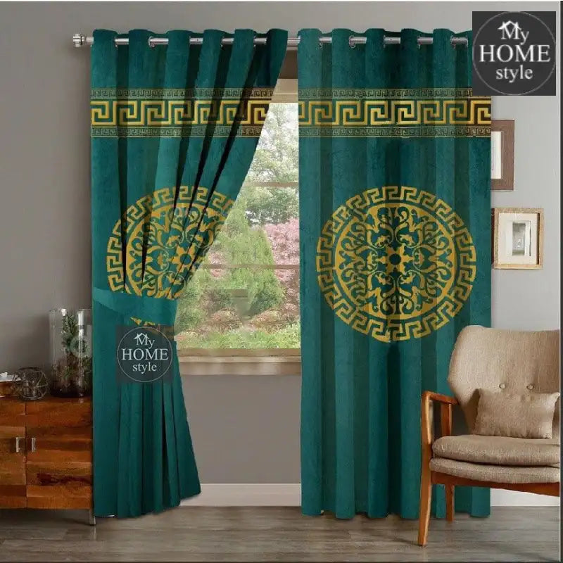 2 Piece Of Primium Velvet Curains With 2 Belts (Green&Gold) 41 - myhomestyle.pk