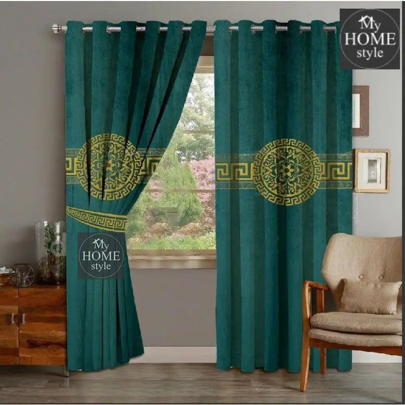 2 Piece Of Primium Velvet Curains With 2 Belts (Green&Gold) 42 - myhomestyle.pk