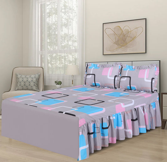 3 PCs Printed Bed skirt with Pillow cover 20