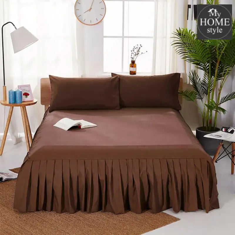3 PCs Fitted Bed skirt with Pillow cover Brown - myhomestyle.pk