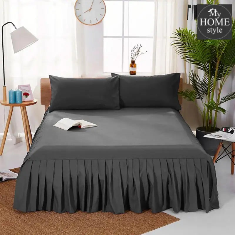 3 PCs Fitted Bed skirt with Pillow cover Dark Grey - myhomestyle.pk