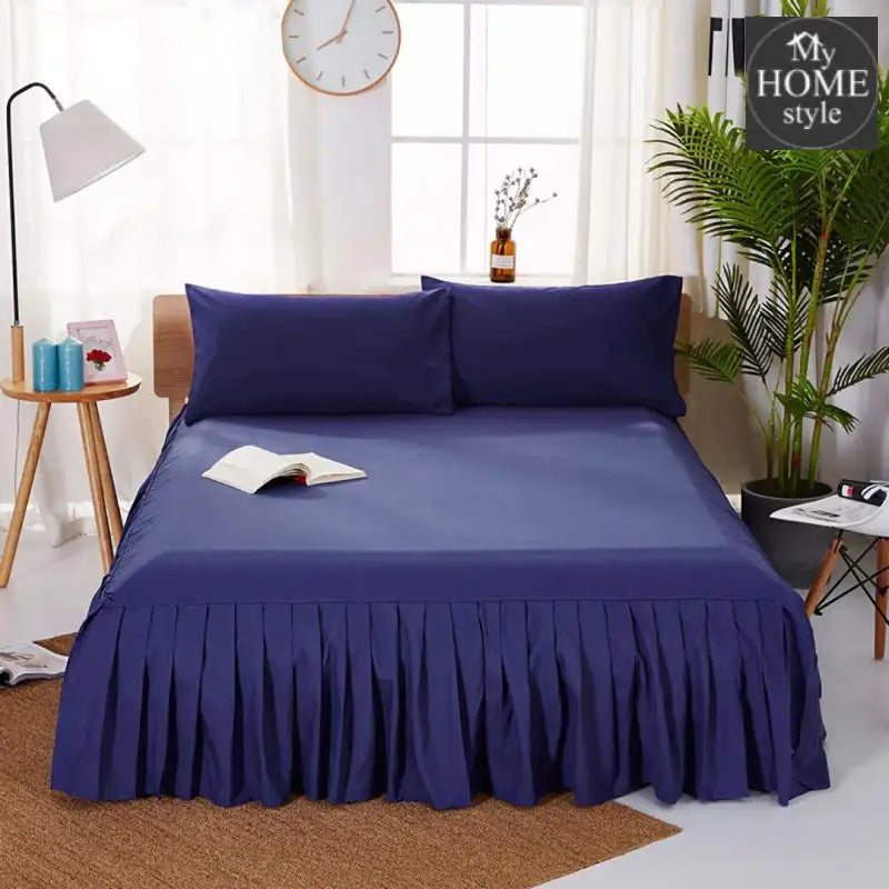 3 PCs Fitted Bed skirt with Pillow cover Navy - myhomestyle.pk