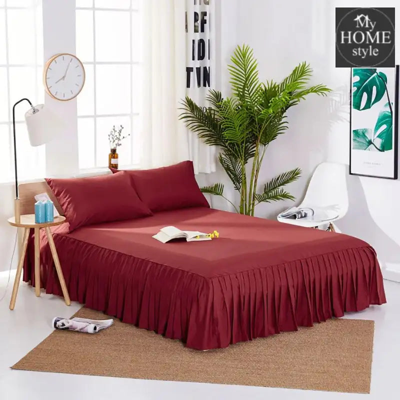 3 PCs Fitted Bed skirt with Pillow cover Red - myhomestyle.pk