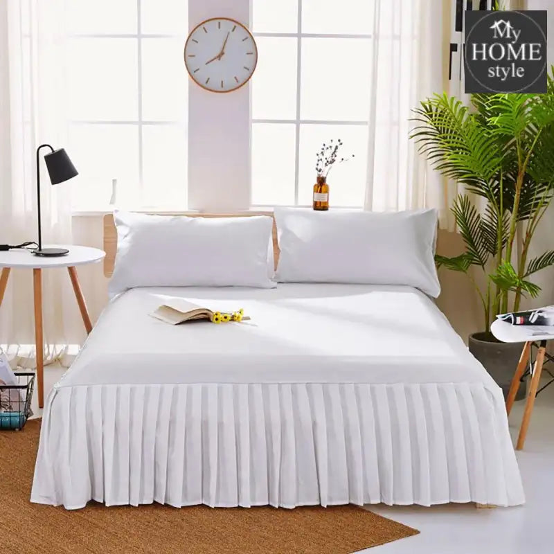 3 PCs Fitted Bed skirt with Pillow cover White - myhomestyle.pk