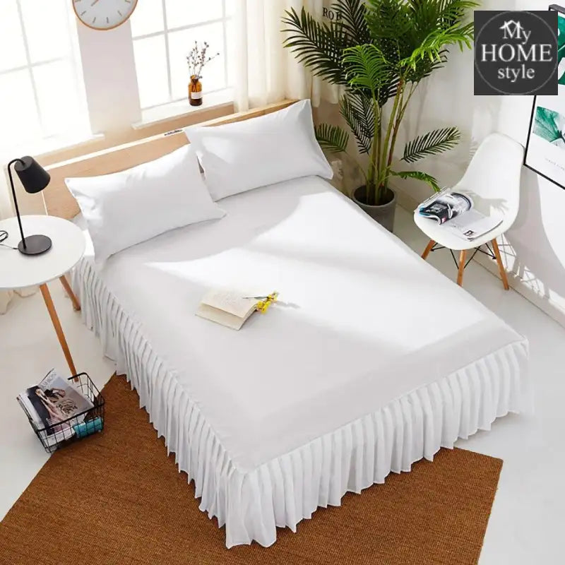 3 PCs Fitted Bed skirt with Pillow cover White - myhomestyle.pk