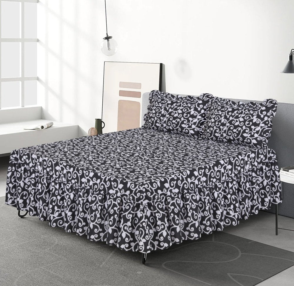 3 PCs Printed Bed skirt with Pillow cover - 1140 - myhomestyle.pk