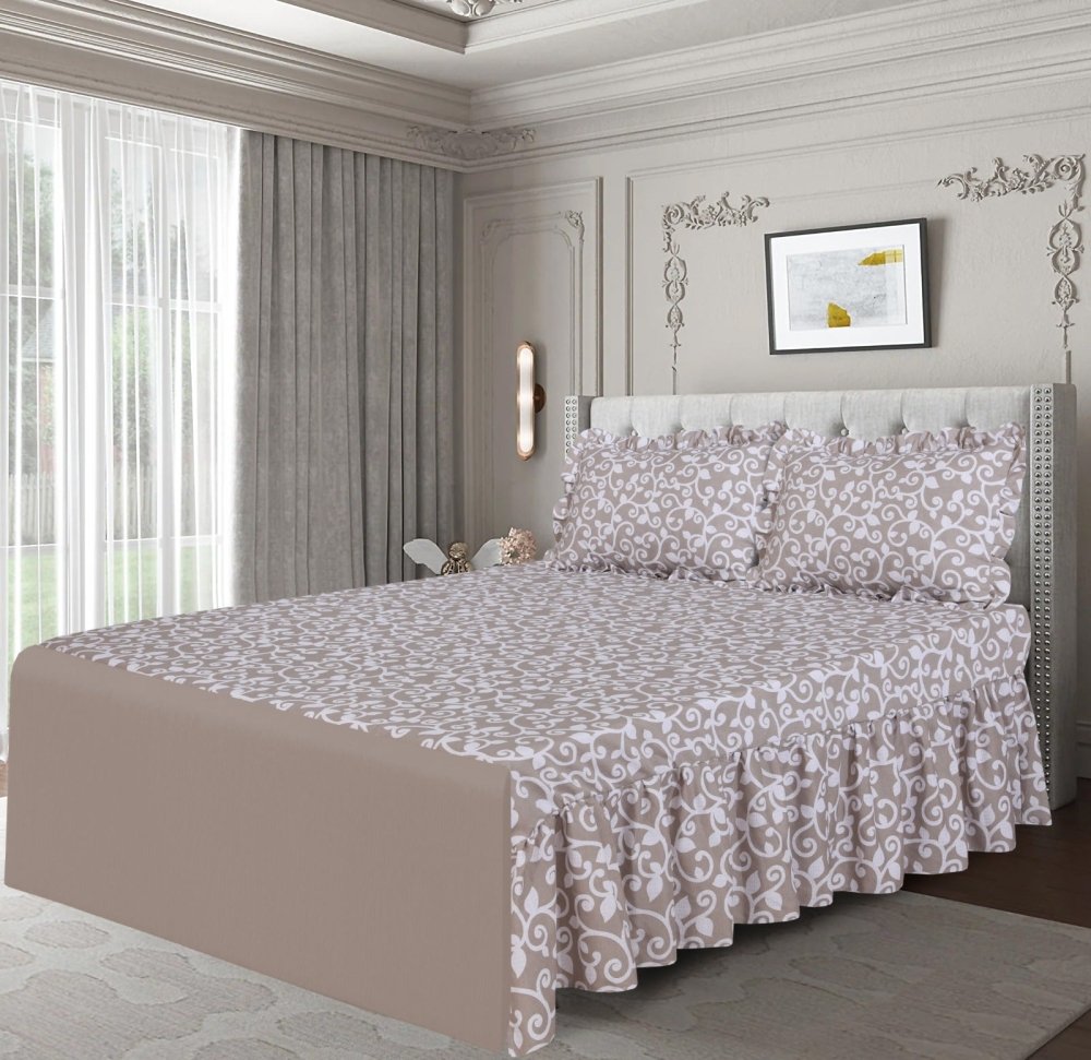 3 PCs Printed Bed skirt with Pillow cover 29 - myhomestyle.pk